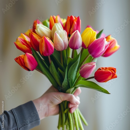  a hand holding a bouquet of tulips, plain blurred background, mothersday