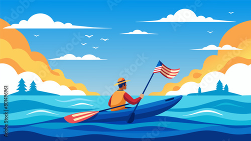 Against the backdrop of a vibrant July sky a lone kayaker glides through the still waters their kayak adorned with miniature American flags. Vector illustration