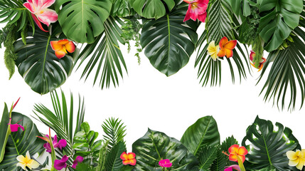 Wall of tropical leaves and interspersed bright flowers, isolated on transparent background