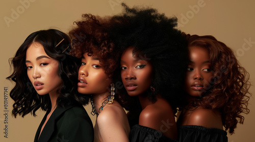 A hair photoshoot featuring a group of light-skinned Black women wearing various styles of pre-plucked lace wigs. This collection showcases the diversity and beauty of wig styles tailored to enhance n