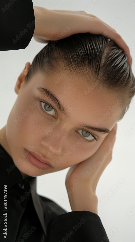 Fototapeta premium Beauty photography featuring a girl model with strong eyes and natural makeup, her hair slicked back in a sleek style against a white background. The portrait emphasizes her intense gaze 