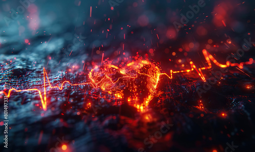 Abstract digital landscape with pulsing fiery lines and particles. Generate AI