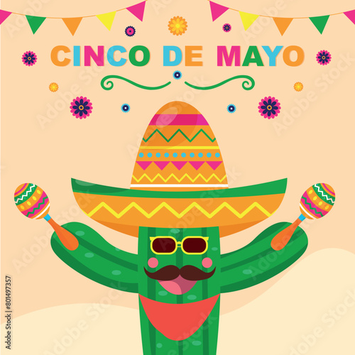 Cactus in a sombrero. Mexico Cinco de Mayo holiday vector flat illustration.