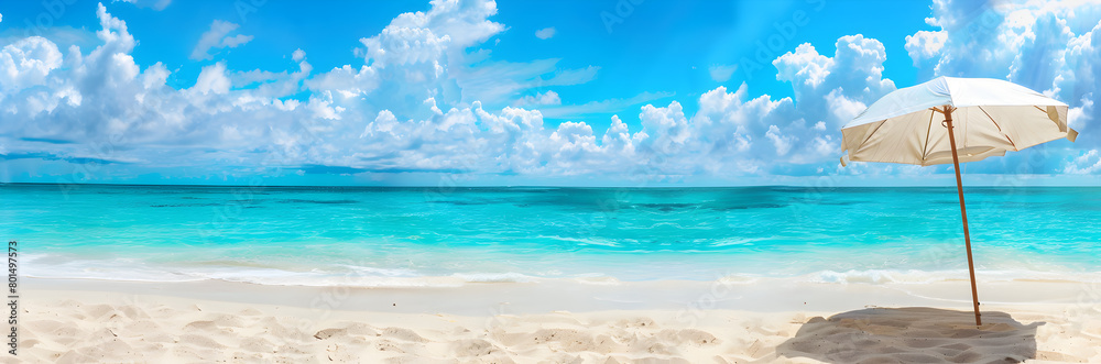 Tropical beach scene web banner. Beach scene with sunscreen umbrella on sandy background.