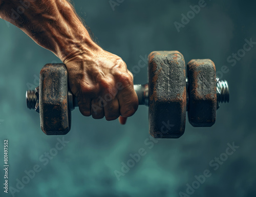 A man holding a heavy gym dumbbell barbell weight