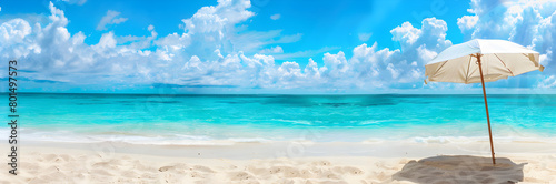 Tropical beach scene web banner. Beach scene with sunscreen umbrella on sandy background.