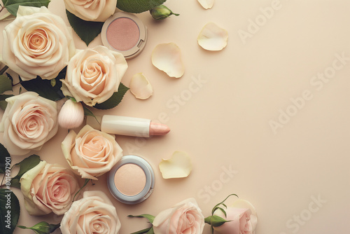 bouquet of roses, Immerse yourself in the enchanting world of beauty and romance with a flat lay composition showcasing makeup products