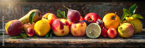 A Vibrant Display of Seasonal Orchard Fruits on a Rustic Wooden Table