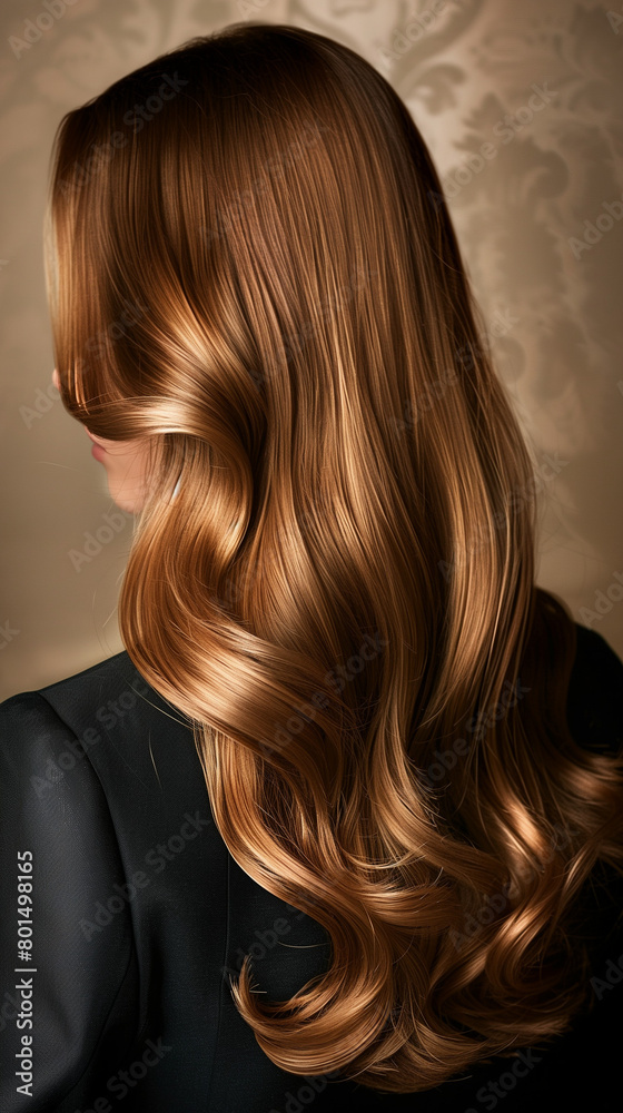 A professional photo of a Wella model showcasing her beautiful, flowing light brown hair from a back view, perfect for a hair dye package. The image captures the well-nourished, moisturized, and lush A professional photo of a Wella model showcasing her beautiful, flowing light brown hair from a back view, perfect for a hair dye package. The image captures the well-nourished, moisturized, and lush
