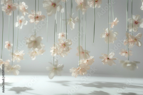 snow covered branches, Immerse yourself in the enchanting spectacle of levitating artificial flowers, suspended in midair against a backdrop of pristine white photo