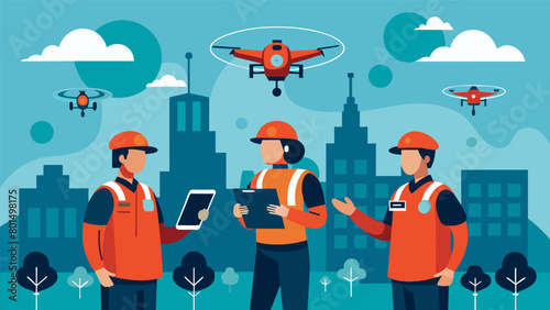 A group of emergency responders using neural interfaces to remotely control drones for aerial reconnaissance during a natural disaster..