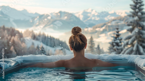 Hot Tub Relaxation with Winter Mountains 