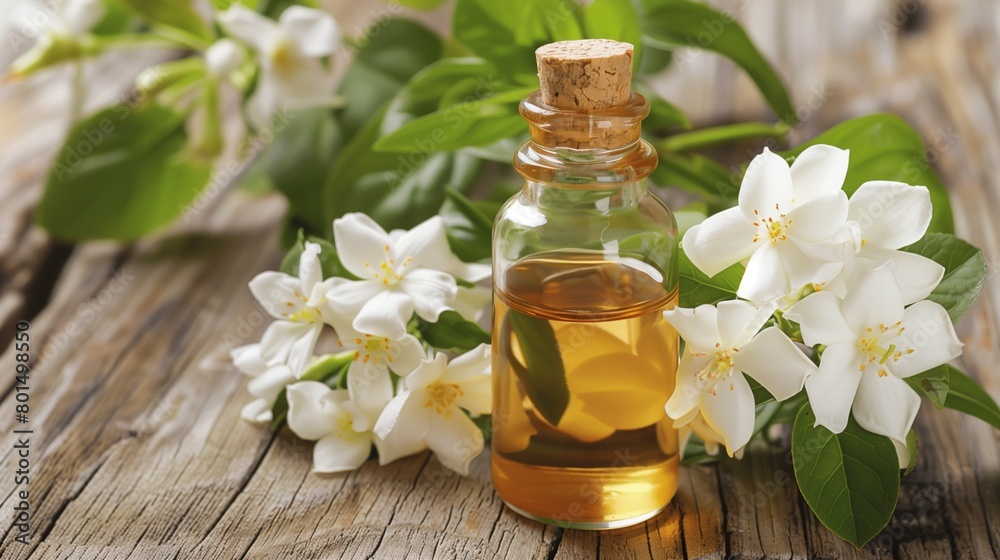 A bottle of essential oil is on a wooden table next to a bunch of white Jasmine flowers. A bottle of essential oil is on a wooden table next to a bunch of white Jasmine flowers.
