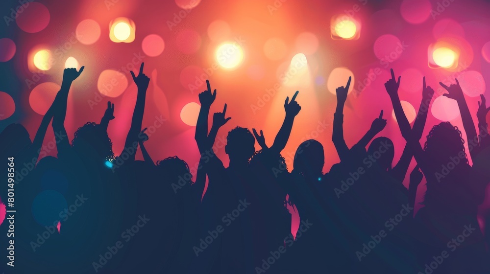 Silhouettes of a multicultural group cheering at a concert, with stage lights illuminating their figures