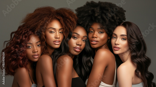 A hair photoshoot featuring a group of light-skinned Black women wearing various styles of pre-plucked lace wigs. This collection showcases the diversity and beauty of wig styles tailored to enhance n photo