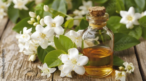 A bottle of essential oil is on a wooden table next to a bunch of white Jasmine flowers.
