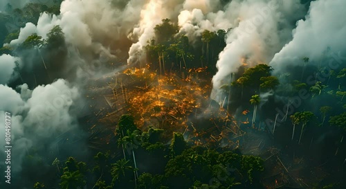 Illegal deforestation in the Amazon trees cut and burned for agriculture. Concept Environmental destruction, Deforestation crisis, Amazon rainforest, Illegal logging, Agriculture expansion photo
