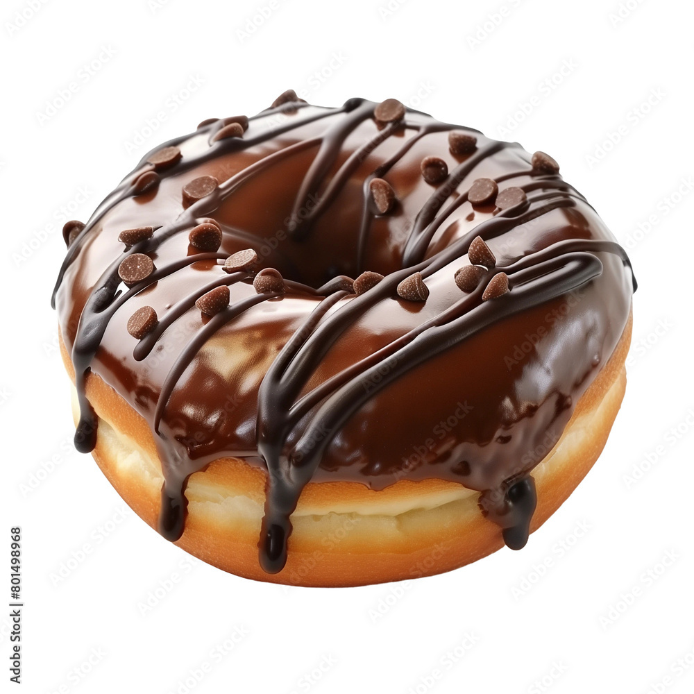 A chocolate donut with chips on top isolated on white or transparent background, png clipart, design element. Easy to place object on any other background. A chocolate donut with chips on top isolated on white or transparent background, png clipart, design element. Easy to place object on any other background.