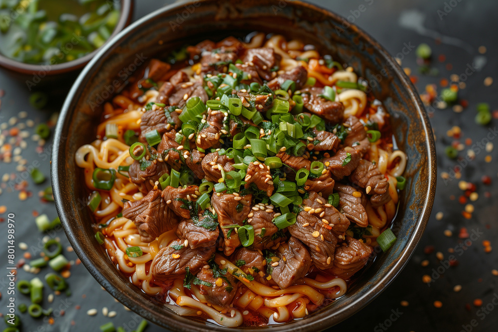 Ramen noodles with beef and egg in bowl Ramen noodles with beef and egg in bowl