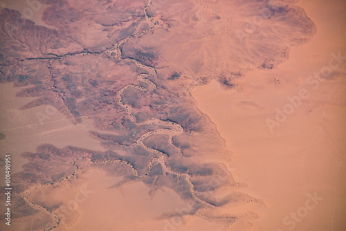 Aerial view of dry riverbed, or wadi, in Sahara desert, Africa