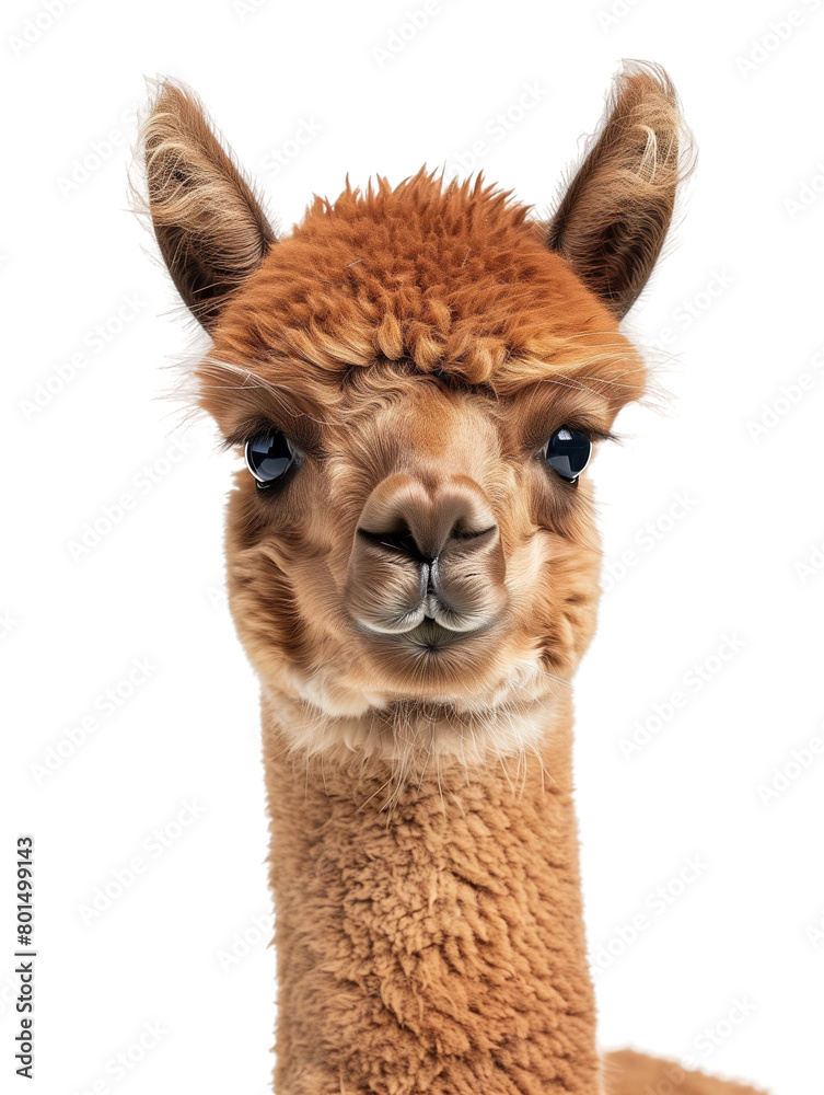 A cute fluffy alpaca portrait isolated on white or transparent background, png clipart, design element. Easy to place on any other background.