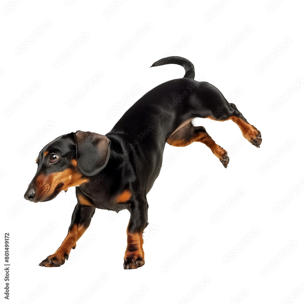 A dachshund dog is running and jumping in the air, dynamic pose, isolated on white or transparent background, png clipart, design element.
