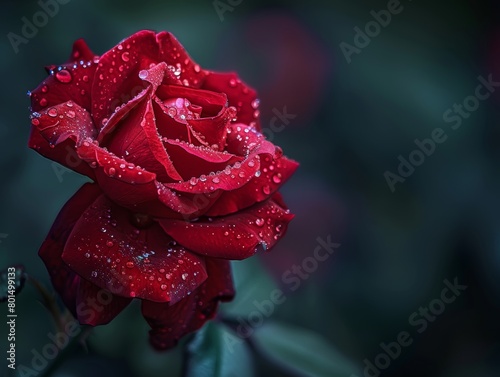  red rose with dew drops in the foreground with an out-of-focus dark background. 