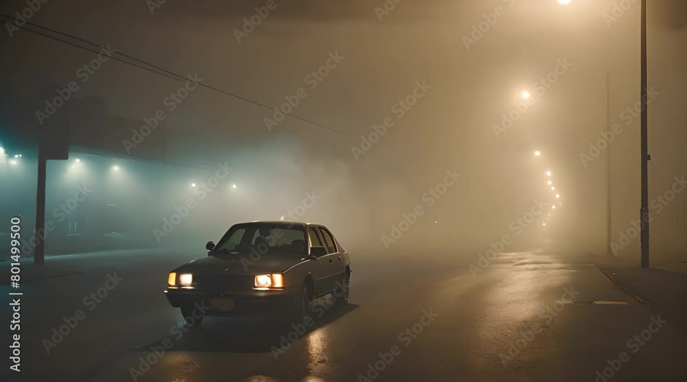 A haunting image of a lone car parked under a flickering streetlight, lost in a blanket of fog. A haunting image of a lone car parked under a flickering streetlight, lost in a blanket of fog.