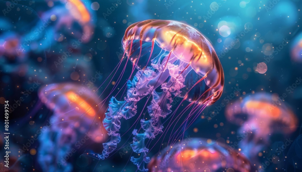 Luminous jellyfish drifting in a deep sea environment, perfect for marine biology content or mystical underwater themes Luminous jellyfish drifting in a deep sea environment, perfect for marine biology content or mystical underwater themes