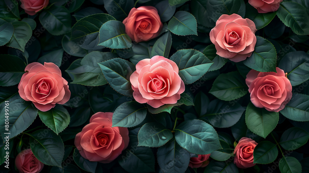 Beautiful camellia bush with pink roses, top view, dark green leaves, professional photography, studio lighting, high resolution photography, insanely detailed Beautiful camellia bush with pink roses, top view, dark green leaves, professional photography, studio lighting, high resolution photography, insanely detailed