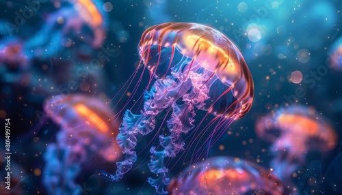 Luminous jellyfish drifting in a deep sea environment, perfect for marine biology content or mystical underwater themes © Phawika