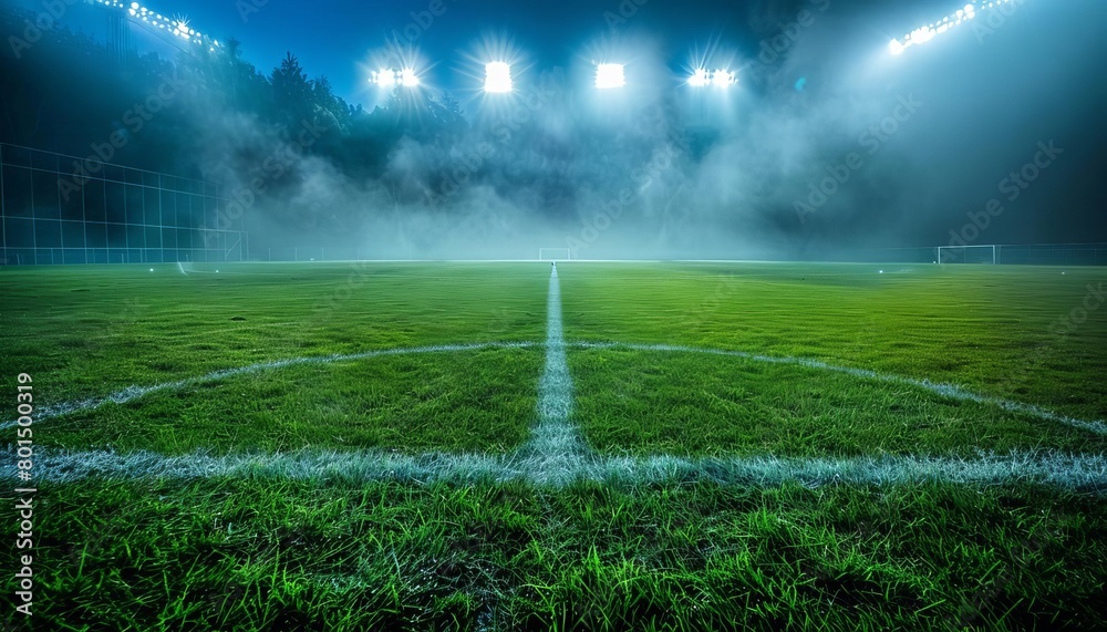 Dynamic sports field under stadium lights with an ongoing soccer match, ideal for sports themes or team promotional materials