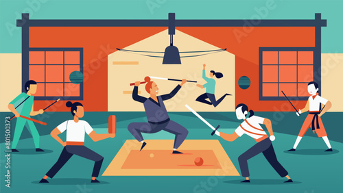 A studio is transformed into an arena as students practice their crosstraining skills in Stick Fighting Eskrima and Kendo.