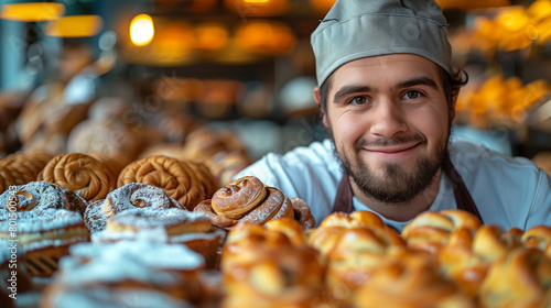 A young male baker smiling and showcasing his creation of various pastries, with an array of baked goods in the background. The bakery is well lit by warm lights, creating a cozy atmosphere. High qual photo