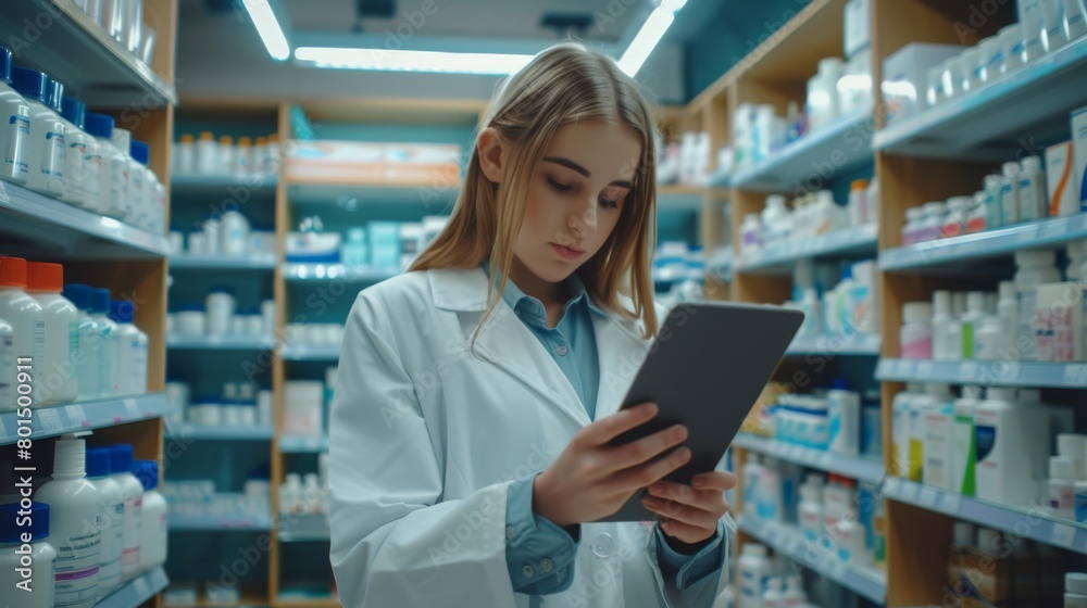 Pharmacist Checking Information on Tablet