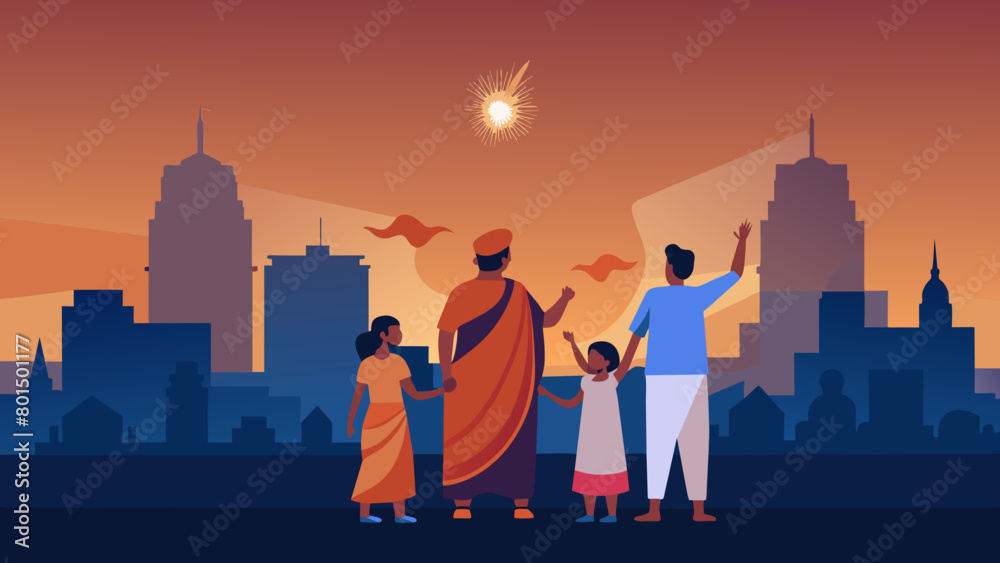 Indian Family Enjoying Festive Fireworks Over City Skyline