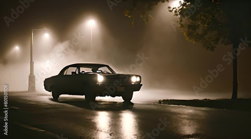 An unsettling image: a lone car parked under a flickering streetlight, trapped in a suffocating fog. photo