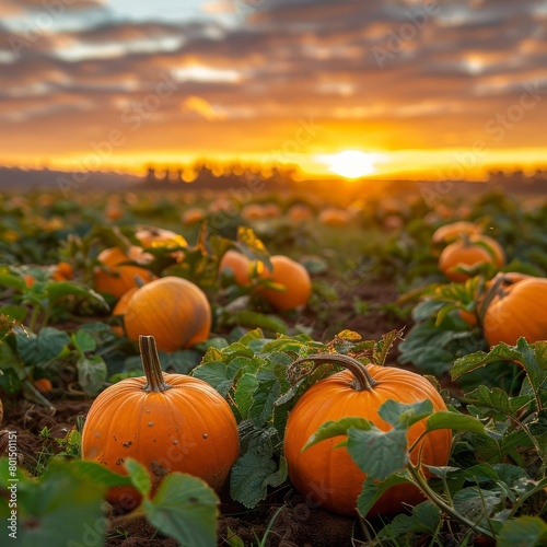 Autumn harvest field with pumpkins and a sunset backdrop  perfect for seasonal marketing or agricultural documentaries