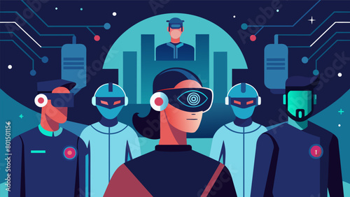 A futuristic scene with individuals wearing advanced headgear that protects their neural implants from potential hacking attempts..