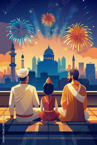 Family Enjoying Fireworks Show over Cityscape at Twilight