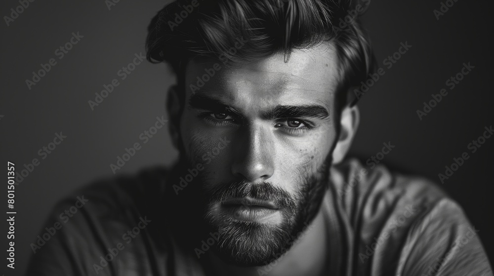 Young Eastern European man, dark brown hair, goatee, semi-serious look, male model. black and white photo.