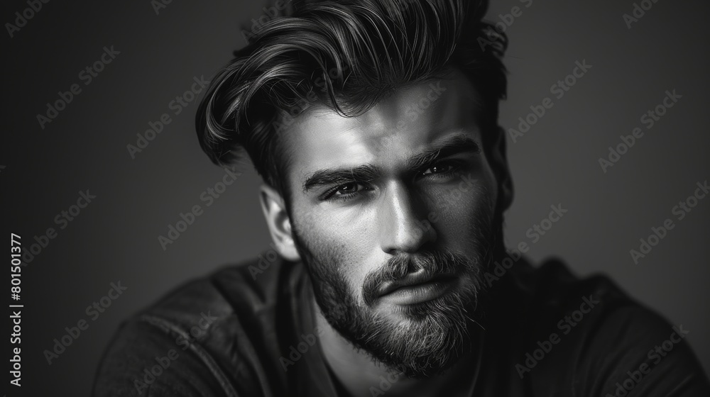 Young Eastern European man, dark brown hair, goatee, semi-serious look, male model. black and white photo.