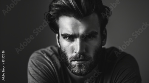 Young Eastern European man, dark brown hair, goatee, semi-serious look, male model. black and white photo.