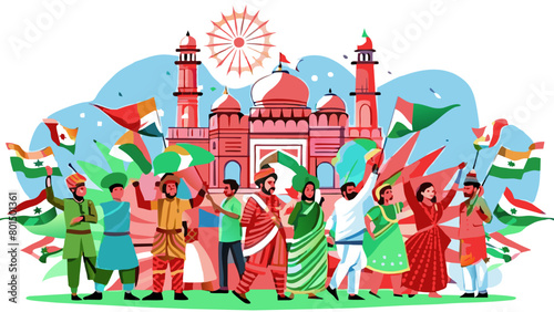 Festive Indian People Celebrating with Traditional Wear and Flags by Iconic Monument