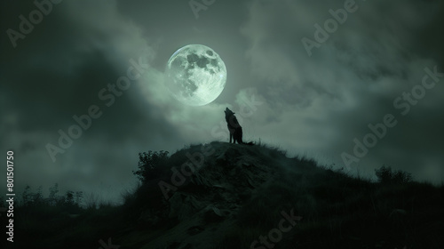 Werewolf howling at a full moon on a hilltop at night.