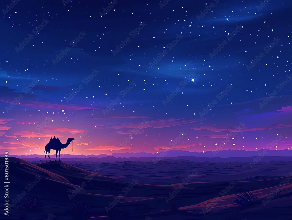 A starry sky over a calm desert, with a lone camel silhouette, suitable for peaceful nighttime or adventure travel illustrations