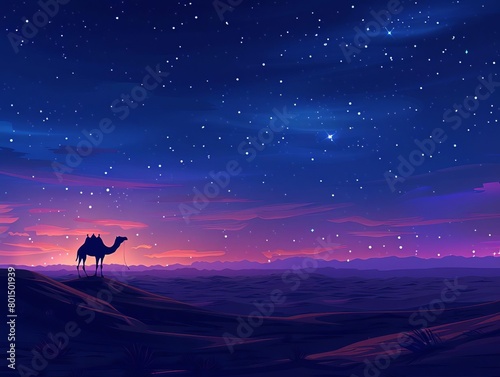 A starry sky over a calm desert  with a lone camel silhouette  suitable for peaceful nighttime or adventure travel illustrations