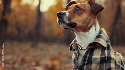 a dog in clothes with a close-up shot, showcasing the intricate details of their outfit and the endearing expression on their face.