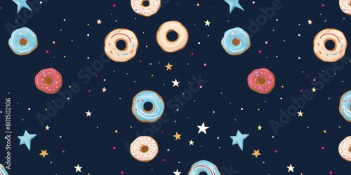 Navy Blue background simple minimalistic seamless pattern  multicolored playful hand drawn cute lines and stars on sugar sprinkles on a donut  confetti