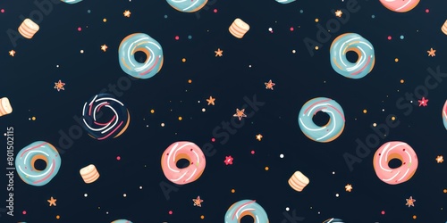 Navy Blue background simple minimalistic seamless pattern, multicolored playful hand drawn cute lines and stars on sugar sprinkles on a donut, confetti